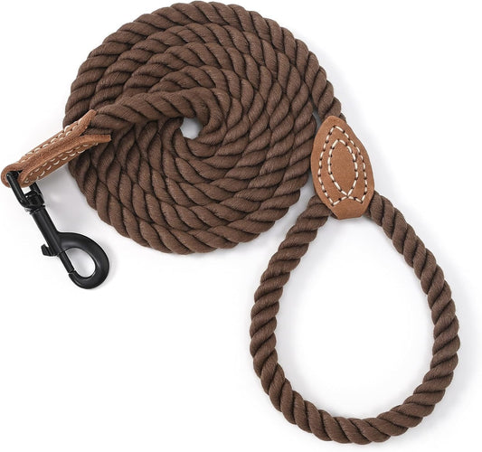 Dog Leash, Braided Cotton Rope Leashes with Leather Tip - Heavy Duty Metal Clasp, 4FT, 1/2" Thick - Wedding, Walking & Training Leash for Small Medium Large Dogs (Dark Brown)