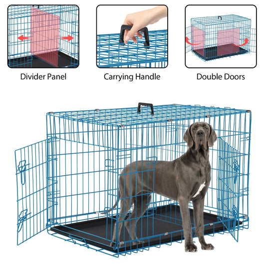 48 Inch Dog Crate, Dog Crates and Kennels Foldable Large Dog Crate for Large Dogs with Handle Double-Door Outdoor Metal Wire Dog Cage with Plastic Tray for Medium Dogs, Blue