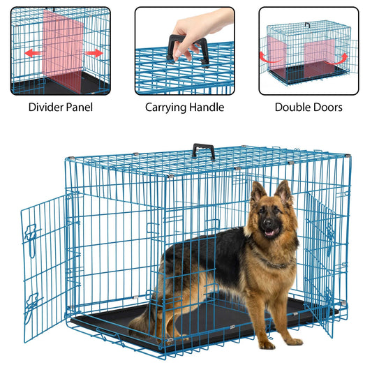 42 Inch Dog Crate, Dog Crates and Kennels for Big Dog Foldable Large Dog Crate for Large Dogs with Handle Double-Door Outdoor Metal Wire Dog Cage with Plastic Tray for Medium Dogs, Blue