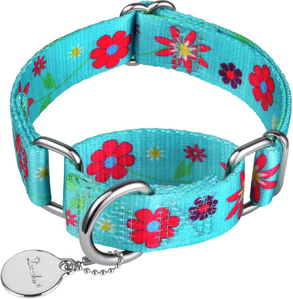 Martingale Collar Floral Print Dog Collar - No Pull Pet Collar, Heavy Duty Adjustable Dog Collar, Medium, Neck 14 Inch -21 Inch, Sun Flower (Teal)
