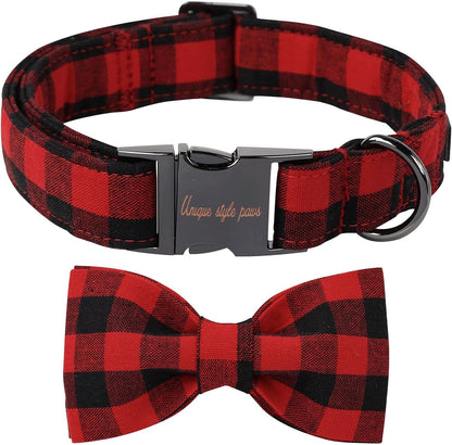 Cotton Dog Collar with Bow Puppy Collar with Black Red Plaid for Small Medium Large Boys Girls Dogs