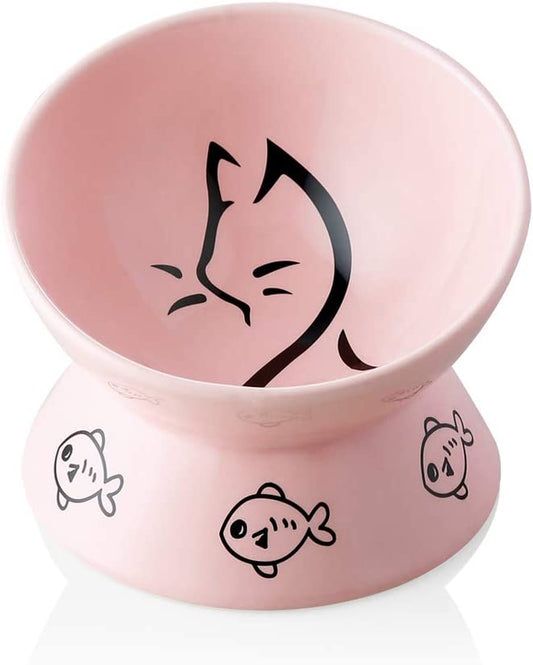 Ceramic Raised Cat Bowls, Slanted Cat Dish Food or Water Bowls, Elevated Porcelain Pet Feeder Bowl Protect Cat'S Spine, Stress Free, Backflow Prevention(Pink)