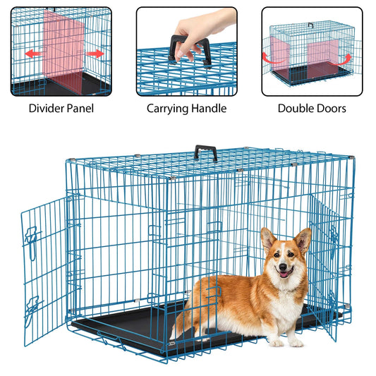36 Inch Dog Crate, Dog Crates and Kennels for Big Dog Foldable Large Dog Crate for Large Dogs with Handle Double-Door Outdoor Metal Wire Dog Cage with Plastic Tray for Medium Dogs, Blue