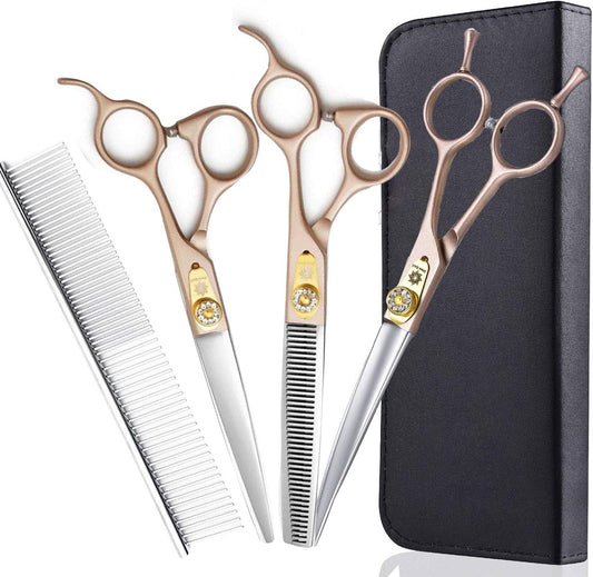 7 Inches Professional Pet Grooming Scissor, 440C Japanese Steel Straight & Curved & Thinning & Chunker Shears/Scissors for Dog Cat and More Pets (7 Inch-Grooming Scissors Set)