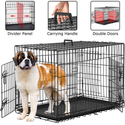 36 Inch Dog Crate, Dog Crates and Kennels Foldable Large Dog Crate for Large Dogs with Handle Double-Door Outdoor Metal Wire Dog Cage with Plastic Tray for Medium Dogs, Black