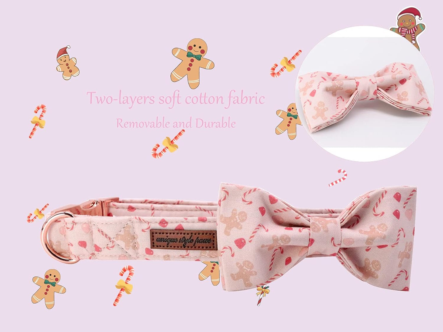 Dog Collar, Pet Collar Dog Bowtie Gift for Girl or Boy Dogs, Christmas Gingerbread Man Adjustable Dog Collar for X-Small Dogs