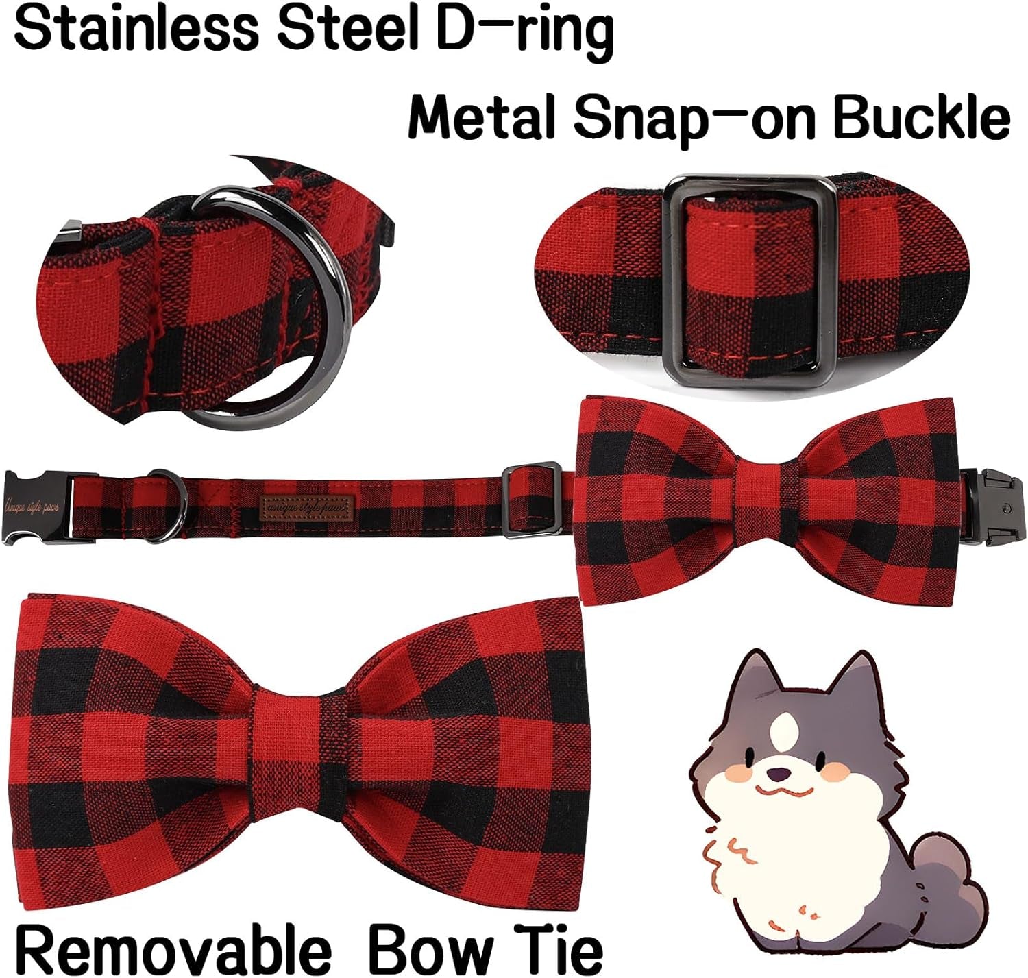 Cotton Dog Collar with Bow Puppy Collar with Black Red Plaid for Small Medium Large Boys Girls Dogs