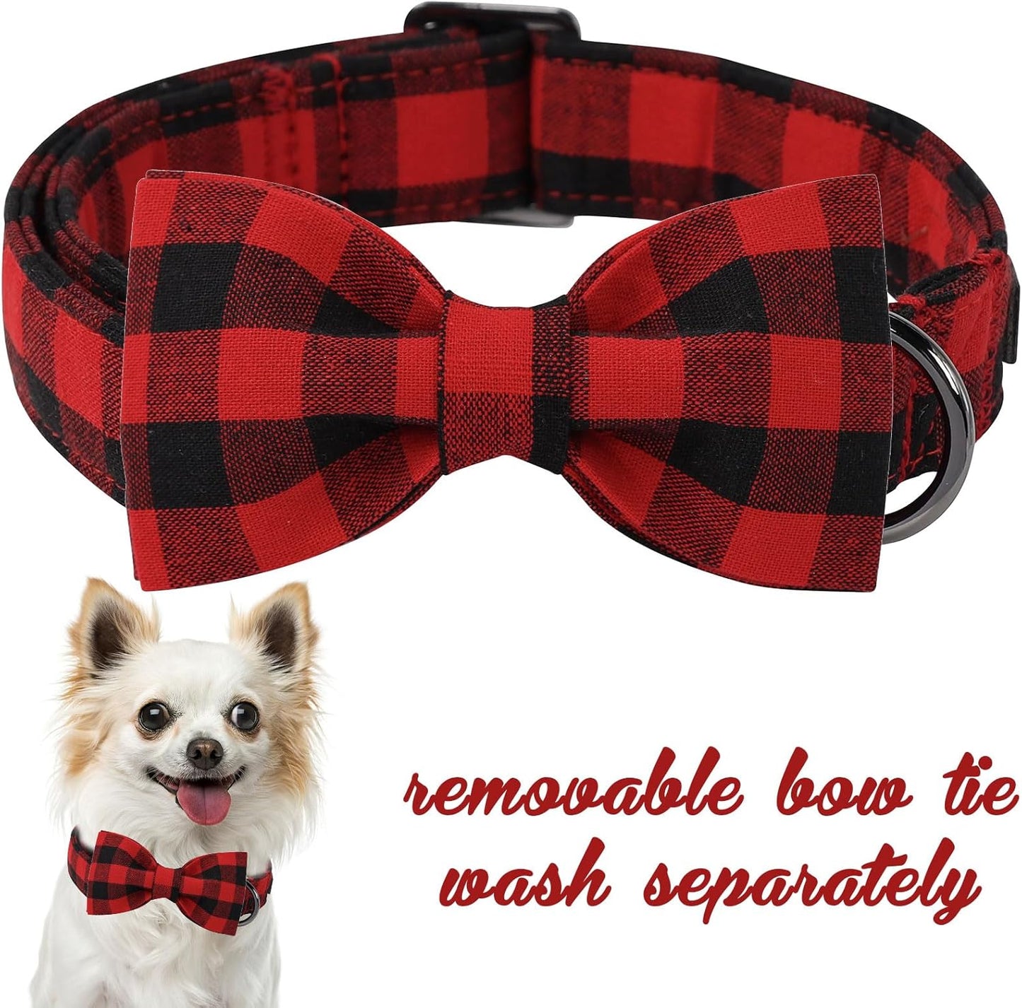Cotton Dog Collar with Bow Puppy Collar with Black Red Plaid for Small Medium Large Boys Girls Dogs