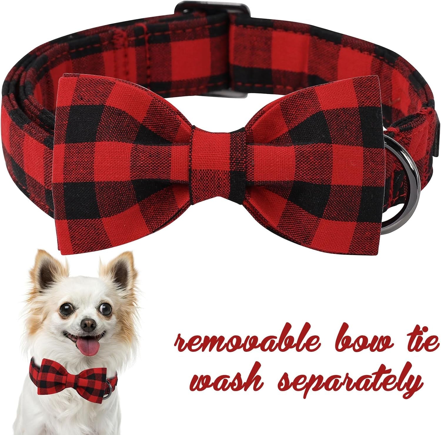 Cotton Dog Collar with Bow Puppy Collar with Black Red Plaid for Small Medium Large Boys Girls Dogs