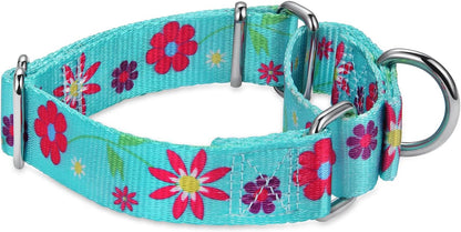 Martingale Collar Floral Print Dog Collar - No Pull Pet Collar, Heavy Duty Adjustable Dog Collar, Medium, Neck 14 Inch -21 Inch, Sun Flower (Teal)