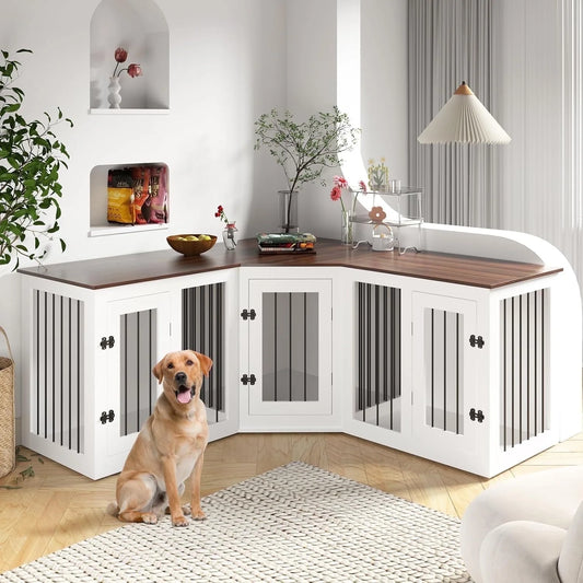 113" Large Dog Crate Furniture for 3 Dogs, Corner Dog Crate with Divider, Wooden Indoor Dog Kennel Furniture, Dog Crate Cage for Large Medium Small Dogs, Combined in 3 Ways